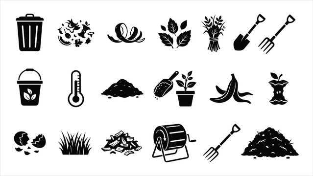 Set of composting and gardening icons including organic waste, tools, soil, and fertilizer isolated on white background