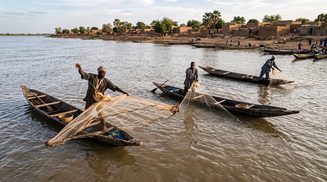 African fishermen casting nets from traditional wooden boats on a wide river near a village at sunset