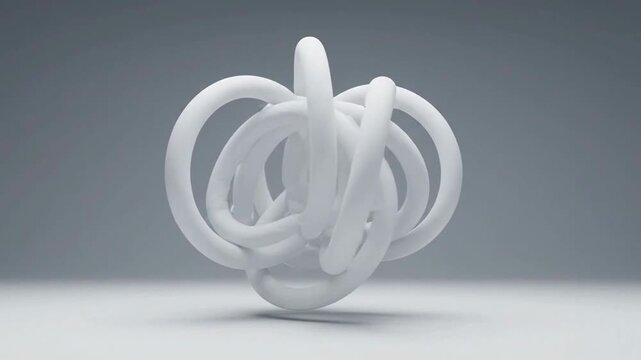 Abstract 3D white interlocking loops rotating on minimalist grey background, seamless loop animation