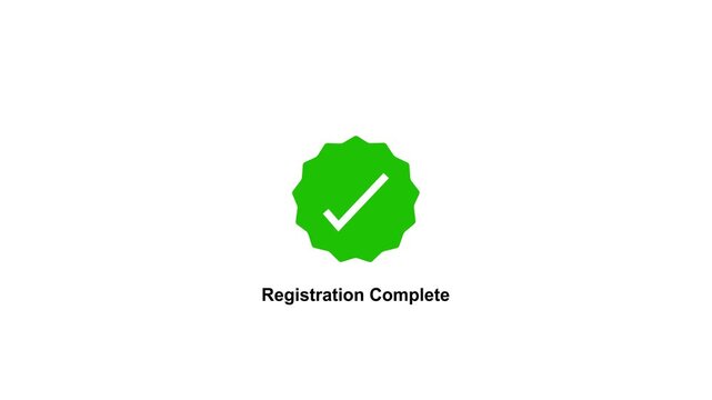 Animated green checkmark symbolizing registration complete status for digital user interface web forms, account sign up success confirmation, and online verification processes
