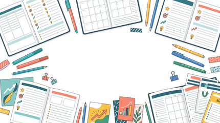 Obraz premium Flat lay of planners notebooks pens pencils and charts for business planning and organization