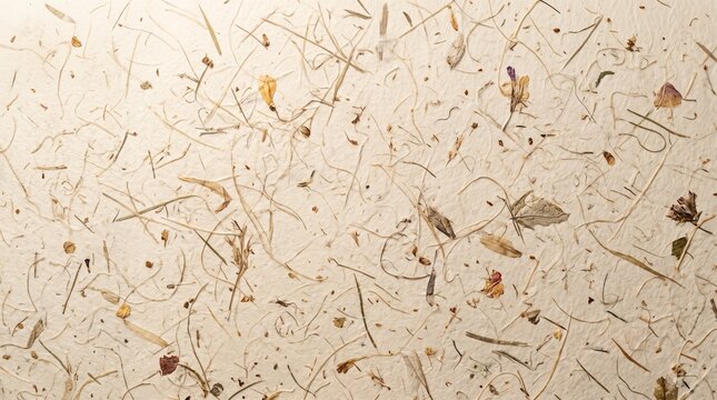 Cream seed paper texture with scattered plant fibers, grass and petals