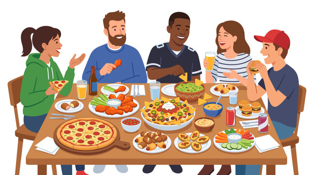 Diverse group of friends enjoying a casual meal together with pizza burgers nachos and wings