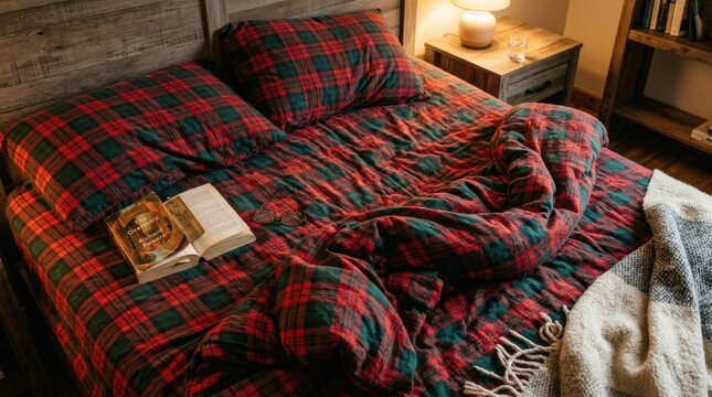 Cozy bed with red and green plaid bedding and a book resting on the crumpled blanket for a relaxing evening