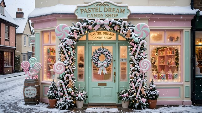 Christmas candy shop exterior decorated with festive sweets and snow