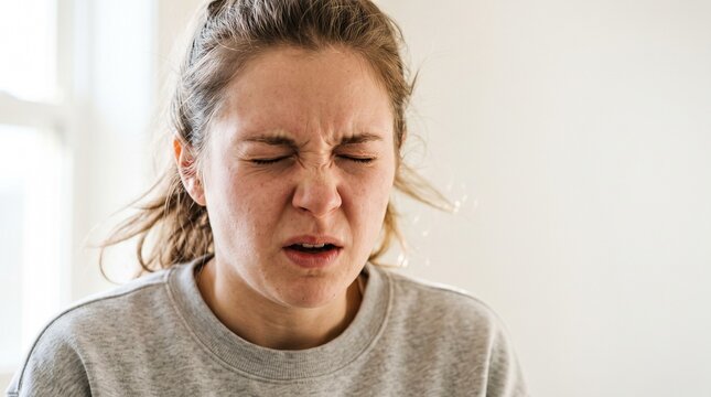 Young woman's face caught mid-sneeze with scrunched features, genuine unposed human moment concept