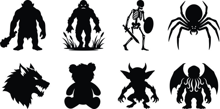 Fantasy monster silhouettes set featuring ogre swamp creature skeleton warrior giant spider werewolf goblin and cthulhu vector