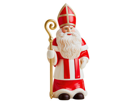 Sinterklaas figurine with gold crosier and red mitre isolated on transparent background PNG element