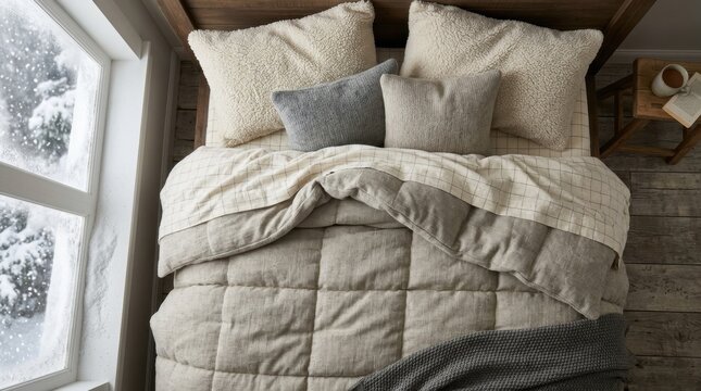 Cozy bedroom interior with a comfortable bed covered in blankets and pillows next to a snowy window