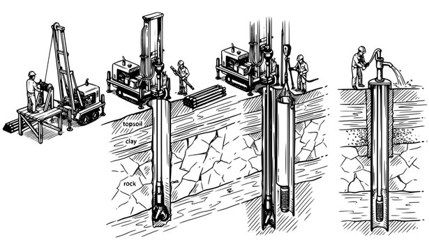 Water well drilling stages with rig borehole casing and pump black white vector sketch