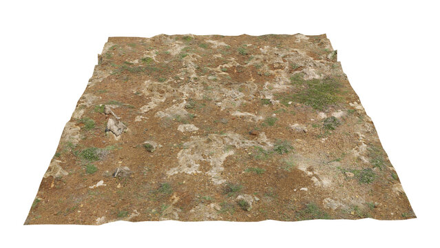 3d render of ground surface, realistic topsoil with sparse vegetation and rocks, isolated on transparent background