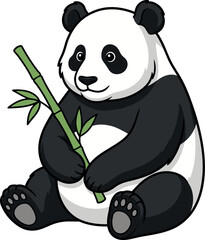 Vector illustration of an adorable cartoon giant panda sitting peacefully while holding a green bamboo stalk. Sweet wildlife animal character with bold black outline, isolated on a white background. © 1luminado