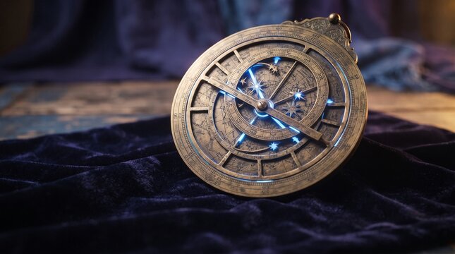 Antique astrolabe instrument with glowing blue light on dark velvet