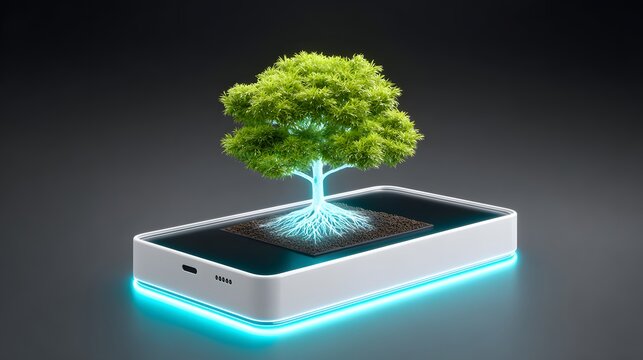 A green tree with glowing blue roots growing from a smartphone, symbolizing technology and nature fusion, eco-friendly digital innovation concept