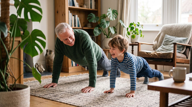 Grandfather and grandson happily doing pushups together in a cozy living room, promoting family fitness and bonding