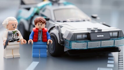 Obraz premium Tambov, Russian Federation - June 20, 2026 Lego minifigures of Marty McFly and Doc Brown standing near the DeLorean time machine car from Back to the Future on a road baseplate.