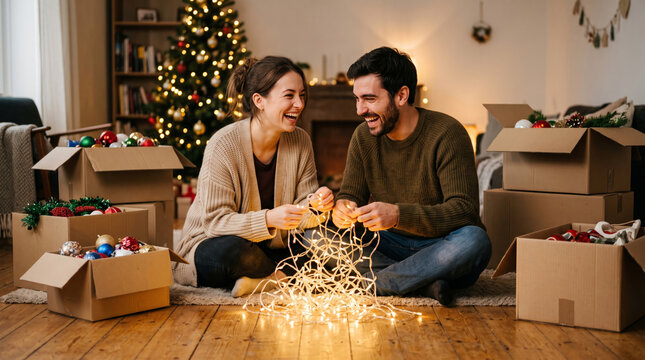 Couple happily decorating for Christmas unpacking ornaments and lights near a festive tree
