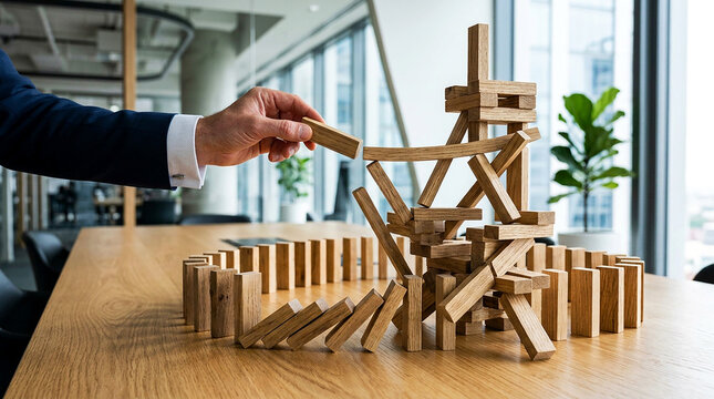 Businessman hand placing wooden block onto precarious tower with falling dominoes illustrating business risk management strategy crisis solution instability challenge planning problem solving