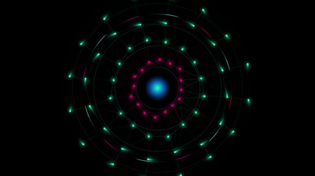 Futuristic neon atomic particle ring animation, glowing abstract sphere structure, technological data loop visualization