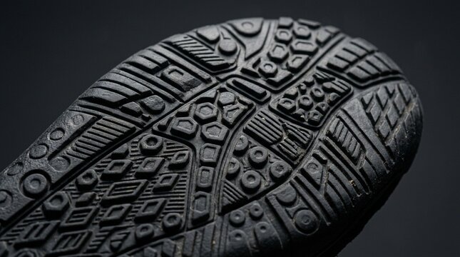 Close-up of a black shoe sole with intricate tread pattern