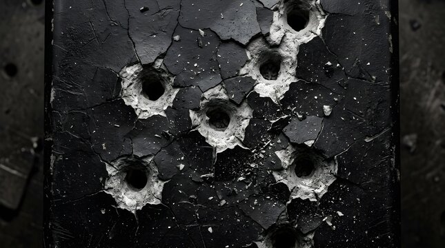 Closeup of a dark, cracked concrete or metal surface featuring multiple deep circular impact holes