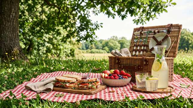 Delicious picnic spread with sandwiches, fresh fruit, and lemonade on a checkered blanket under a tree