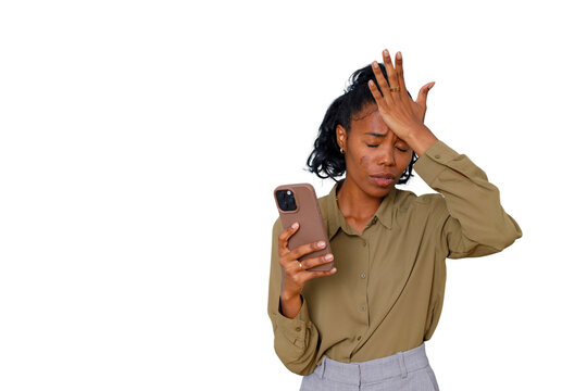 Frustrated woman looking at smartphone, reacting with a facepalm to bad news or a regrettable mistake, feeling stress and disappointment