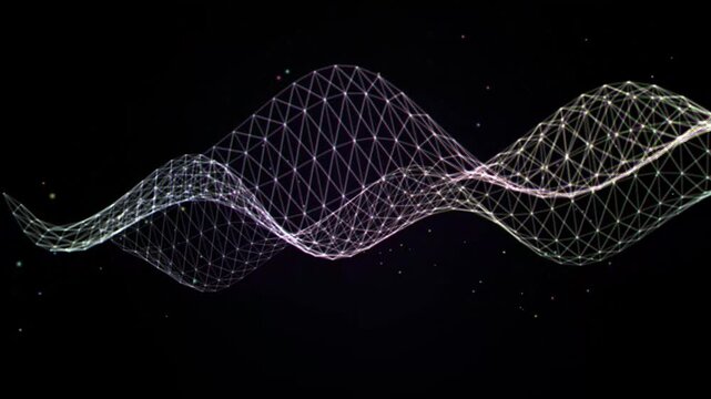 Abstract digital network wave glowing on black background, futuristic big data grid mesh animation, tech background loop