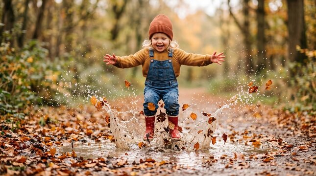 Joyful toddler jumps into autumn puddle splashing water and fallen leaves in a forest path
