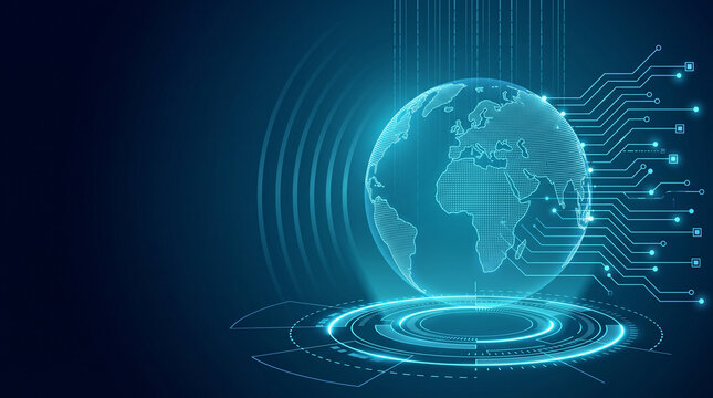 Global Network Technology Concept Featuring Glowing Digital Globe with Circuit Lines for Data Transfer and Connectivity