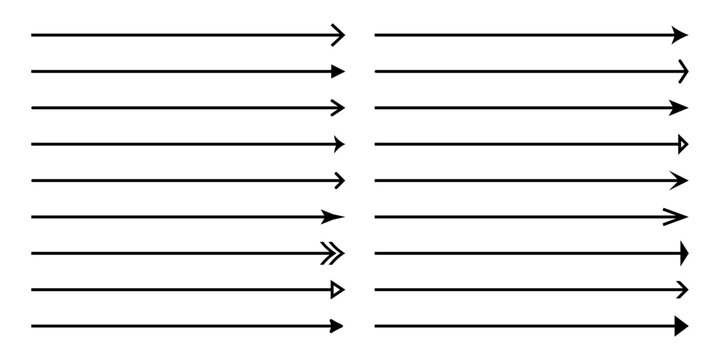 Long arrow vector set. Straight line forward arrow shape elements for direction in different style.