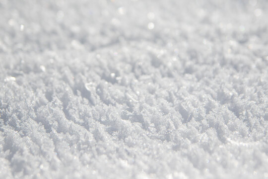 View of fresh snow texture with crystalline details in Arang Kel, Kashmir, Pakistan.