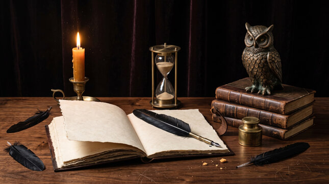 Vintage writing desk with open book quill pen hourglass candle and owl statue