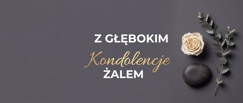 Condolence card white rose stone background with Polish sympathy message Z Glebokim Zalem for funeral mourning, memorial tribute, sad sorrowful grief card template with elegant copy space.