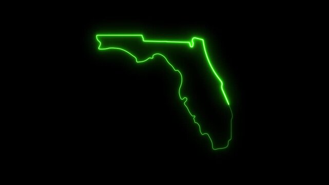 Glowing neon green outline map of florida state, usa, isolated on black background