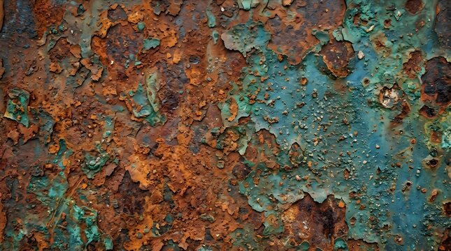Closeup of weathered metal surface with peeling teal paint and heavy rust texture, industrial background with organic decay patterns