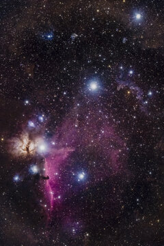 View of the Orion Nebula complex featuring the Horsehead Nebula, the Flame Nebula, and the bright star Alnitak set against a dense field of stars in the night sky of Poland.