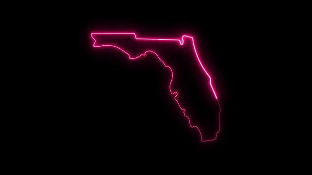 Neon pink florida state map outline glowing on black background