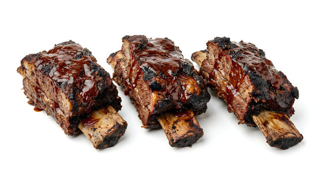 Three pieces of grilled barbecue beef ribs with dark glossy sauce on white background