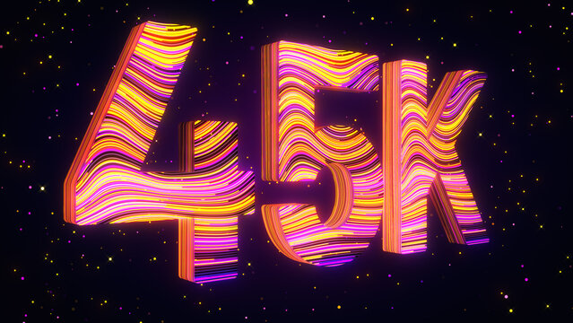 Large perspective view of a futuristic 3D 45K number featuring vibrant purple, yellow, and magenta flowing lines, luminous edges, and glowing particles against a dark cosmic background.