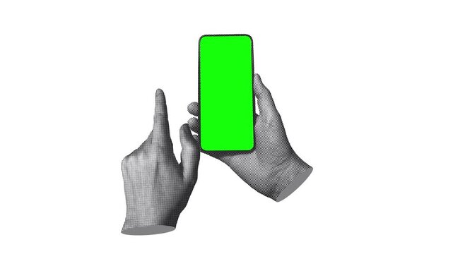 Halftone hand holding a smartphone with green screen while another hand taps and swipes left and right in a loop animation on a white background. Retro pop art style.