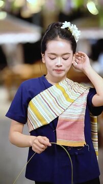 Slow motion of a beautiful Asian woman in traditional Thai attire posing gracefully outdoors.