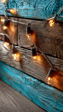 Blue and Brown Wood Wall with String Lights, Rustic Charm