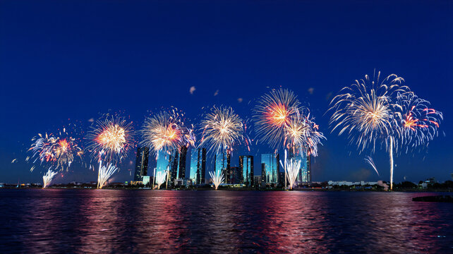 Colourful fireworks bursting over a modern city waterfront