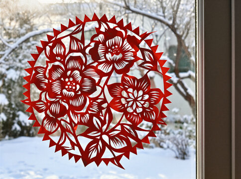 Red paper-cut flower decoration on a bright winter window