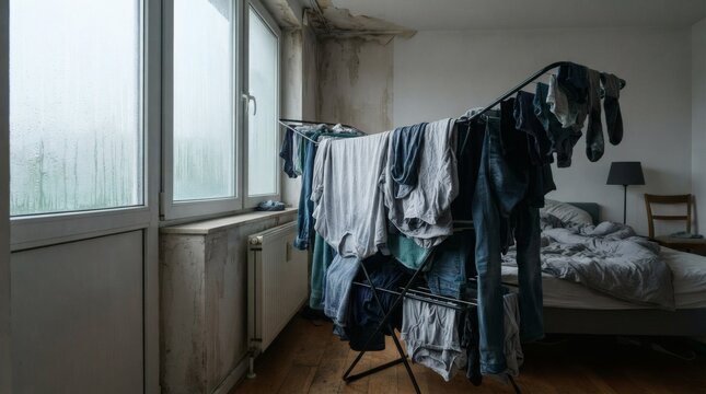 Damp Laundry Drying Indoors Beside Condensation Covered Window