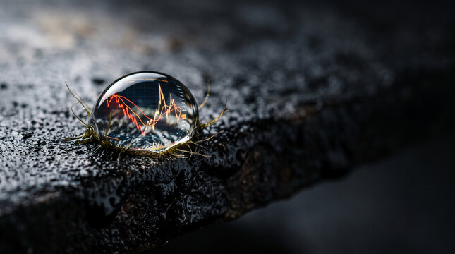 Macro water drop reflecting financial stock market graph on dark rough surface