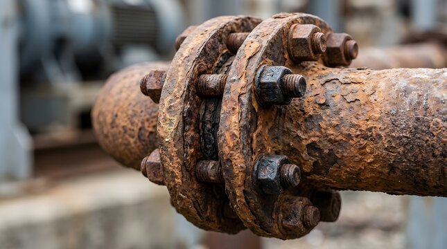 Closeup of a heavily corroded industrial pipe flange with rusted bolts and nuts in an outdoor facility setting