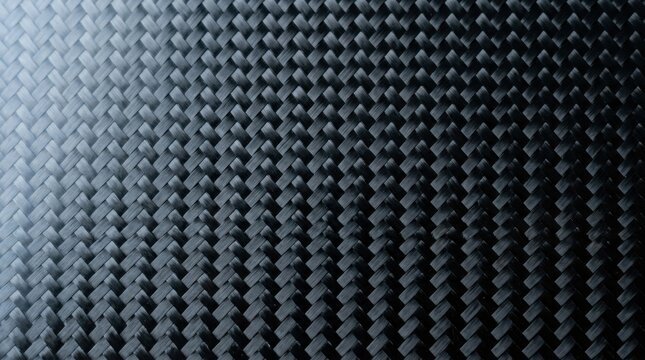Close up macro view of a dark woven carbon fiber pattern with intricate texture and sheen