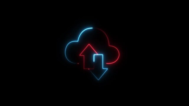 Animated Glowing Red Blue Neon Cloud Sync Upload Download Icon Loop with Alpha Channel Transparent Background Motion Graphic Video Element for Data Transfer Concept.